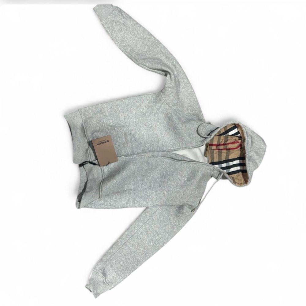 Burberry Light Gray Zip-Up Hoodie with Signature Check Hood Lining